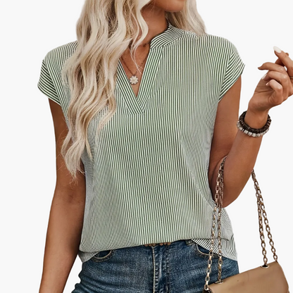 Damen Streifen Bluse Elegant V-Ausschnitt Freizeit Büro Kurzarm