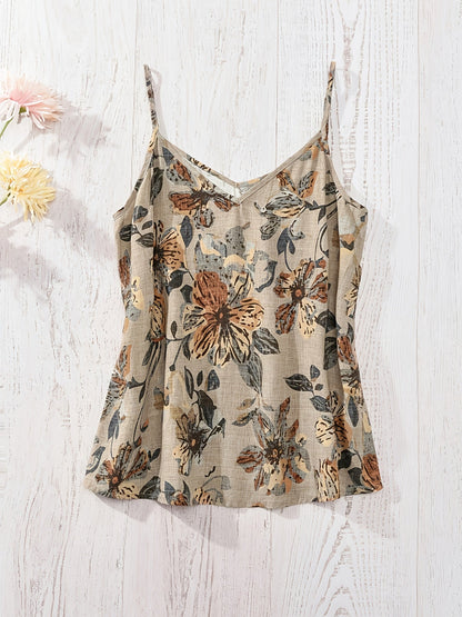 Top fleuri pour femme avec décolleté en V et fines bretelles – Estival, élégant, idéal pour les loisirs et les vacances