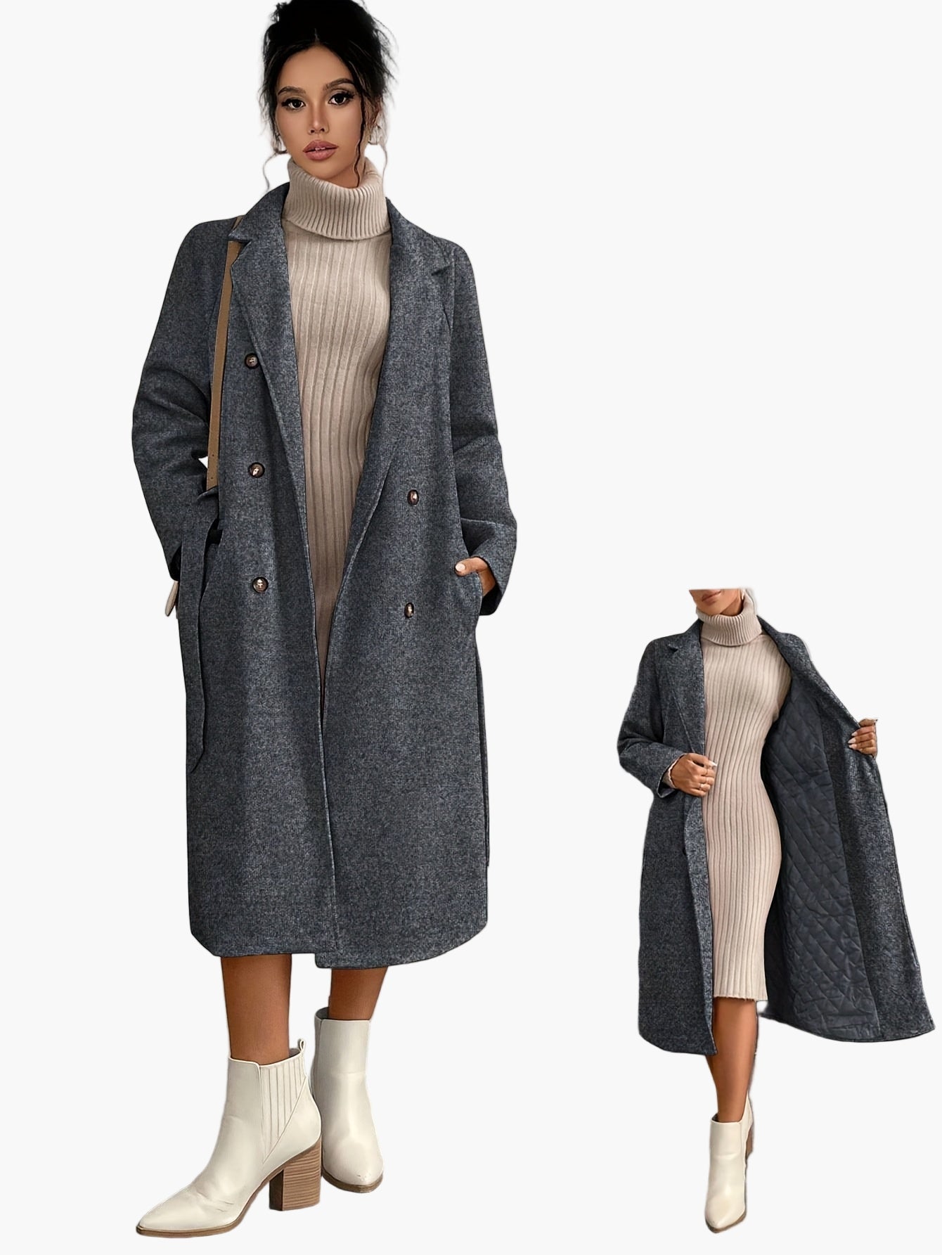 Manteau d'hiver élégant pour femme avec ceinture et poches – Long manteau stylé pour le quotidien et le bureau