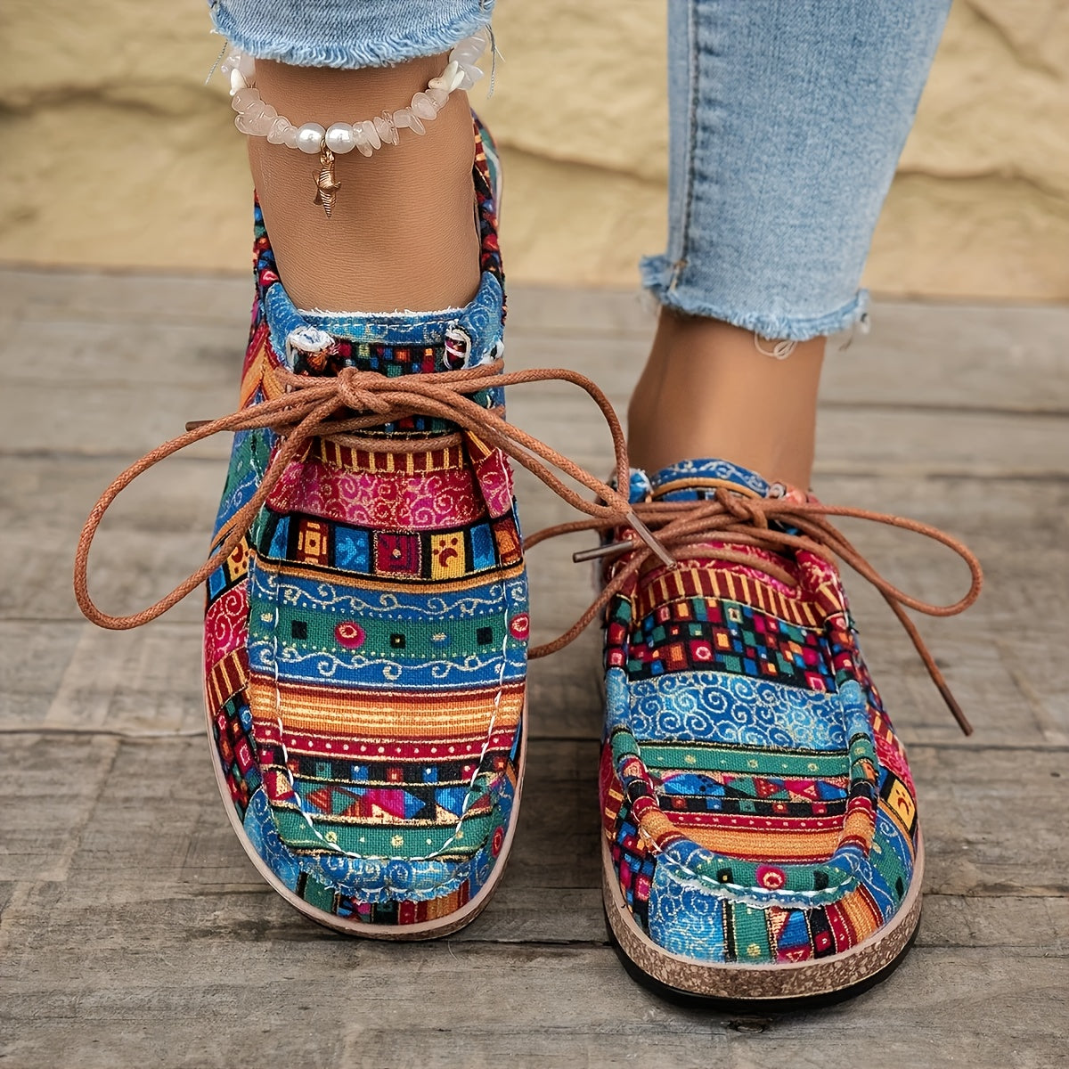 Damen Vintage Freizeitschuhe mit Boho-Muster und Schnürung – Bequeme Alltags-Slipper im Ethno-Stil