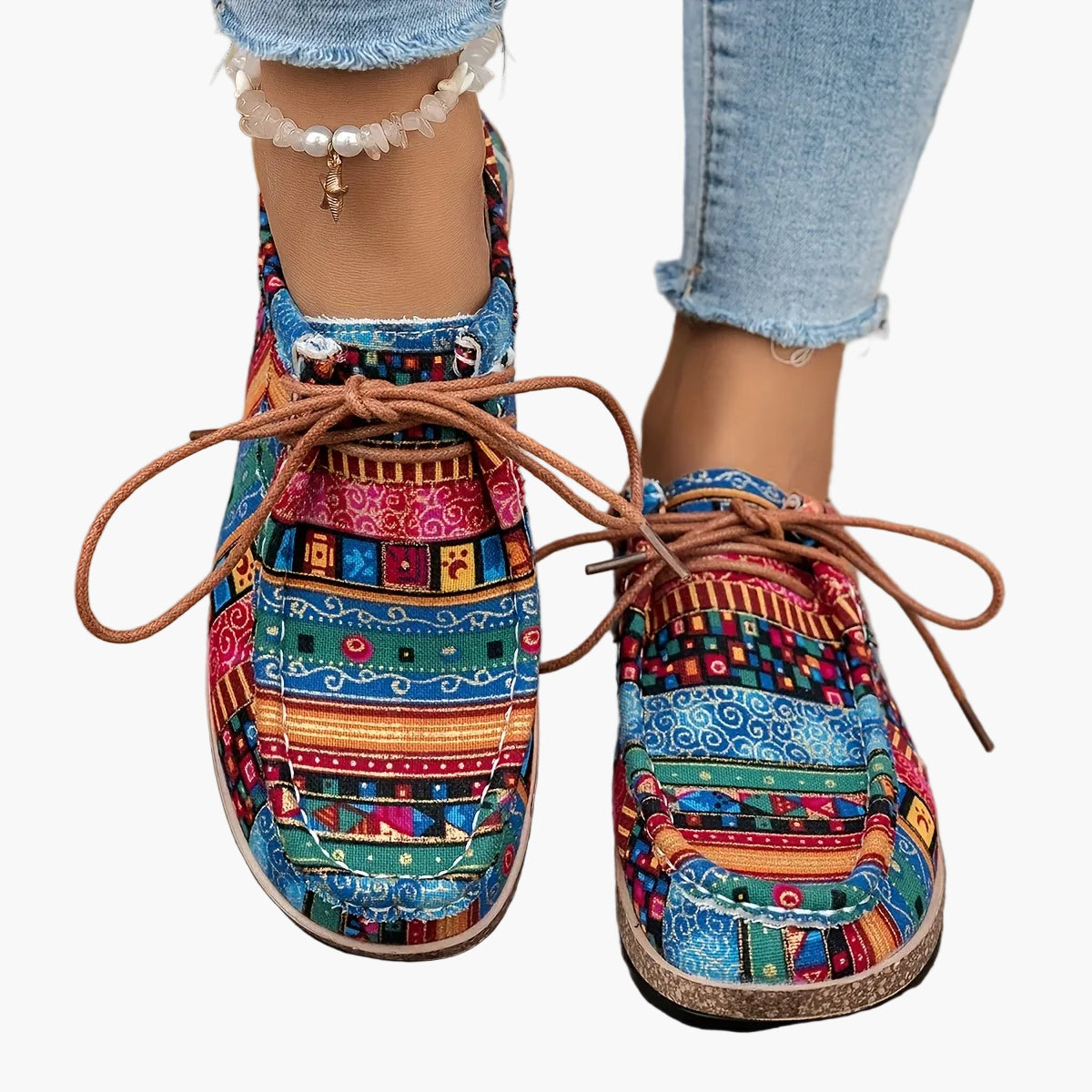 Damen Vintage Freizeitschuhe mit Boho-Muster und Schnürung – Bequeme Alltags-Slipper im Ethno-Stil