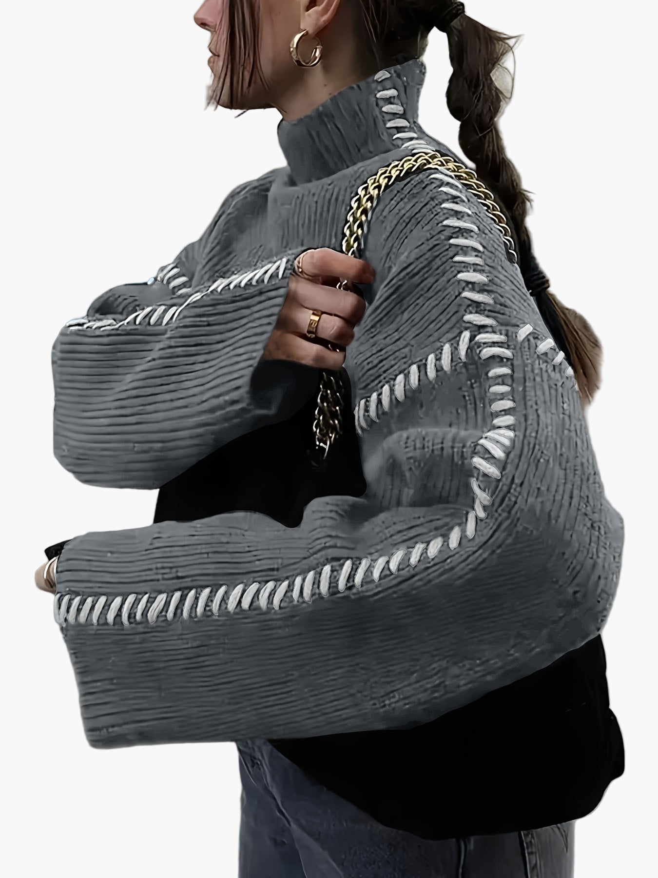 Pull oversize pour femme en maille avec surpiqûres et col montant – Pull tendance automne/hiver pour des tenues stylées