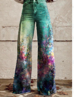 Jean large bohème pour femmes avec design artistique graphique et style vintage, idéal pour le streetwear et les festivals