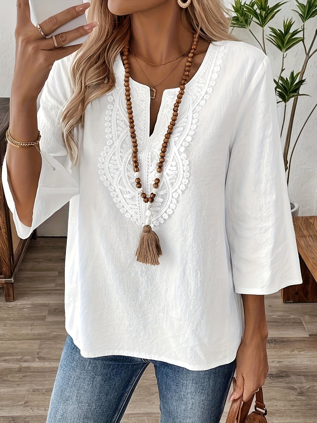 Damen Boho-Bluse mit Stickerei und 3/4-Ärmeln – Elegante Tunika für Alltag & Freizeit