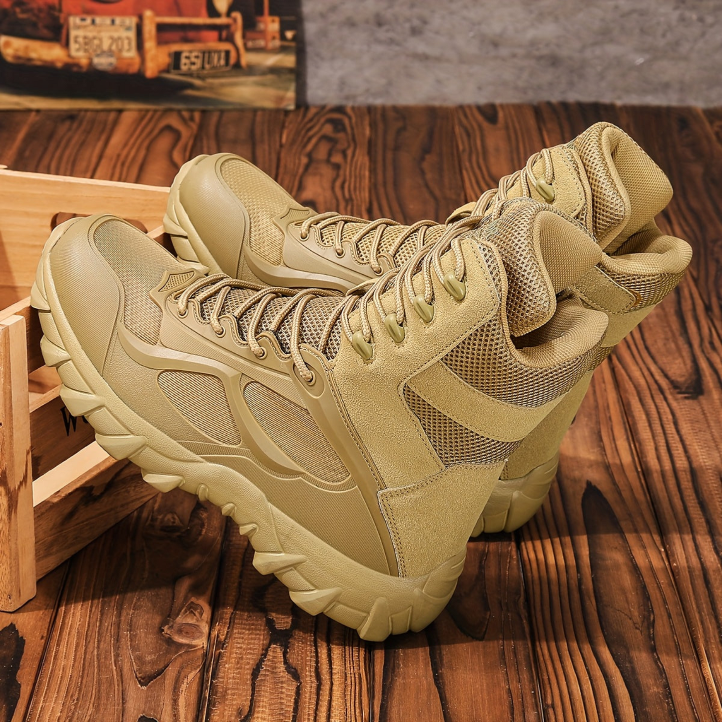 Stivali tattici da uomo, scarponcini stringati robusti, beige, da outdoor militare