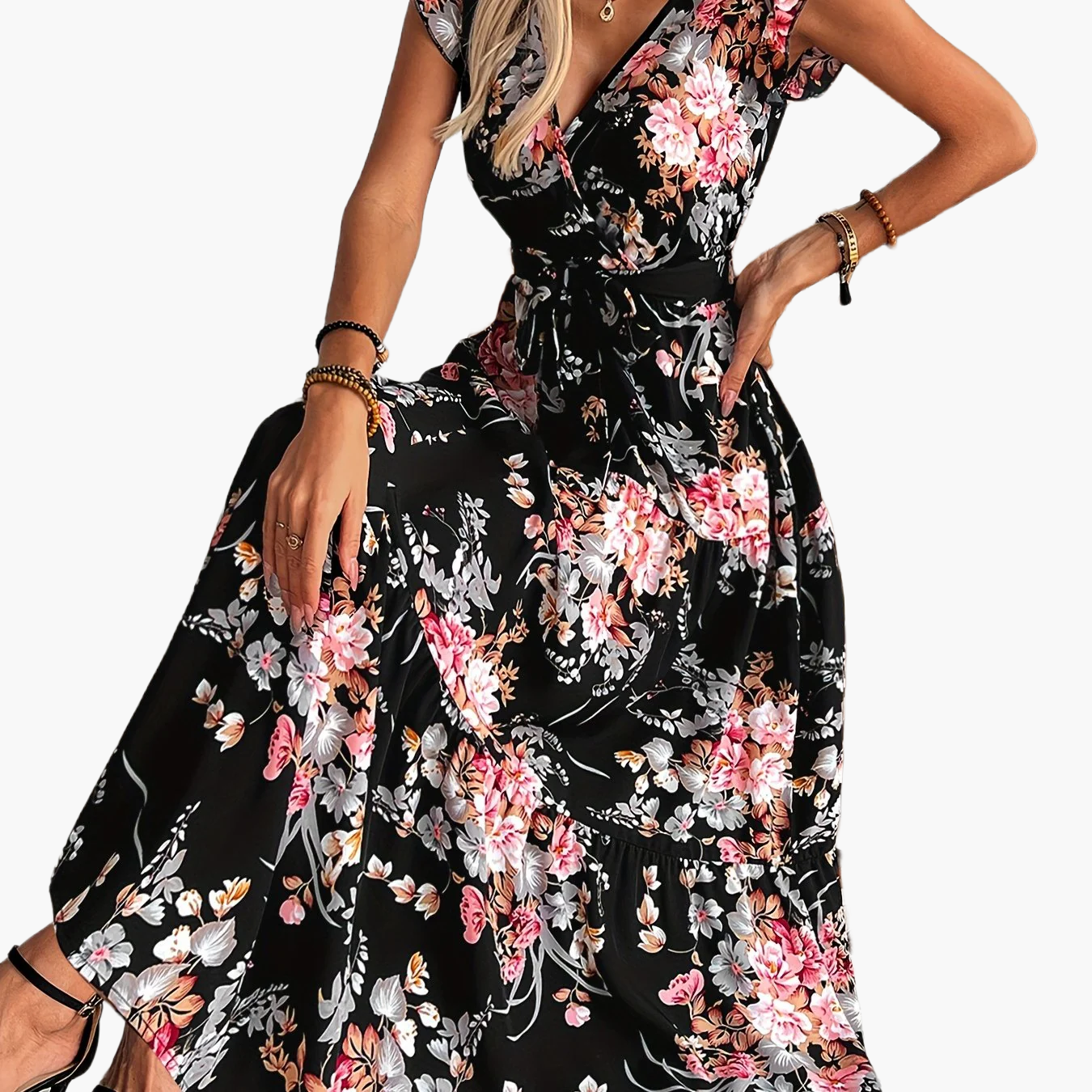 Damen Maxikleid im Boho-Stil mit Blumenmuster und Taillengürtel – Perfekt für Urlaub & Sommer