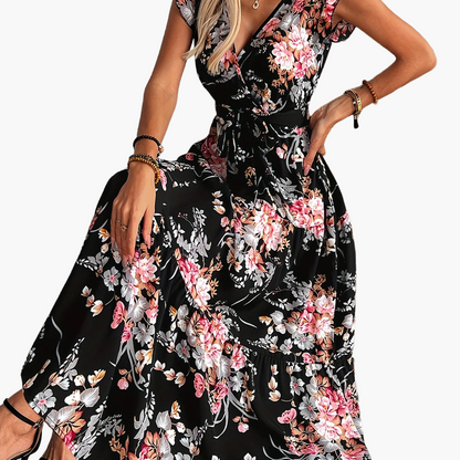 Damen Maxikleid im Boho-Stil mit Blumenmuster und Taillengürtel – Perfekt für Urlaub & Sommer