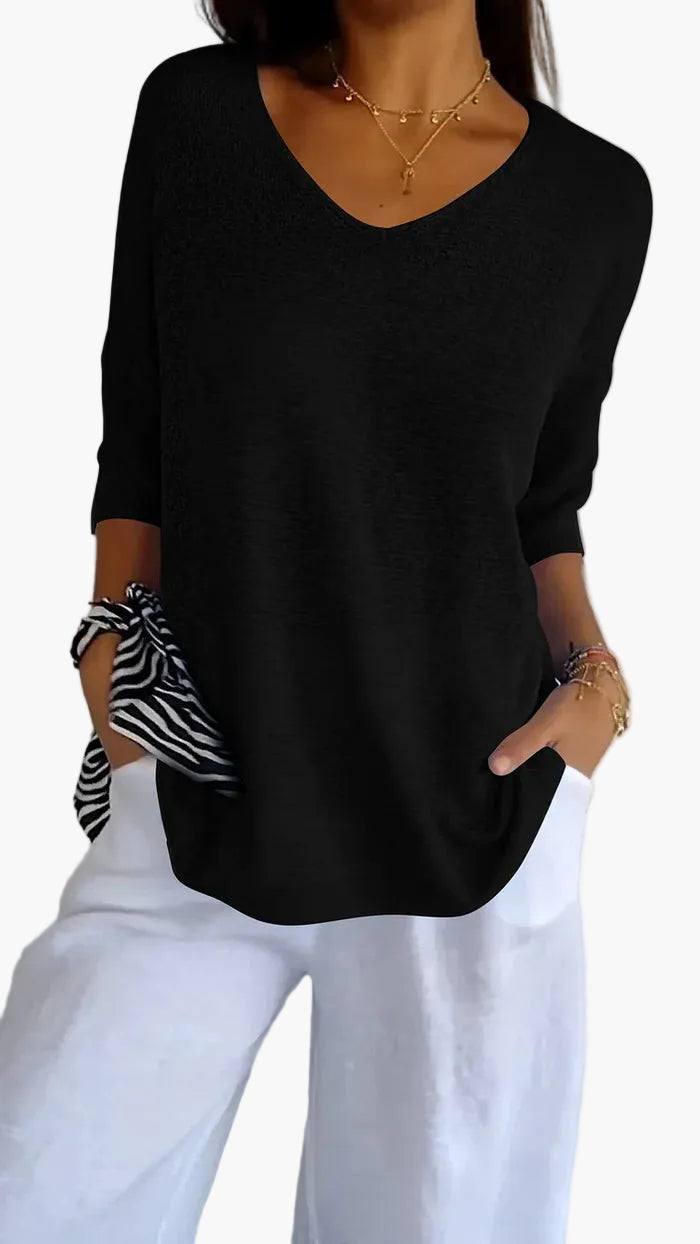 Top en maille femme avec décolleté en V – T-shirt décontracté ample pour le quotidien et les vacances