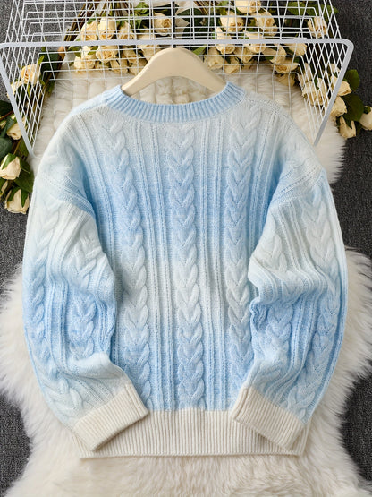 Damen Strickpullover Zopfmuster Blau Weiß Gemütlich Rundhals Langarm