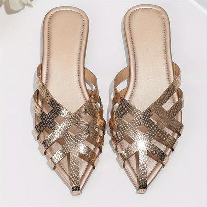 Damen Flat Mules mit spitzer Zehenpartie und geflochtenem Caged-Design – Elegante Slip-On Schuhe für Alltag und Abend