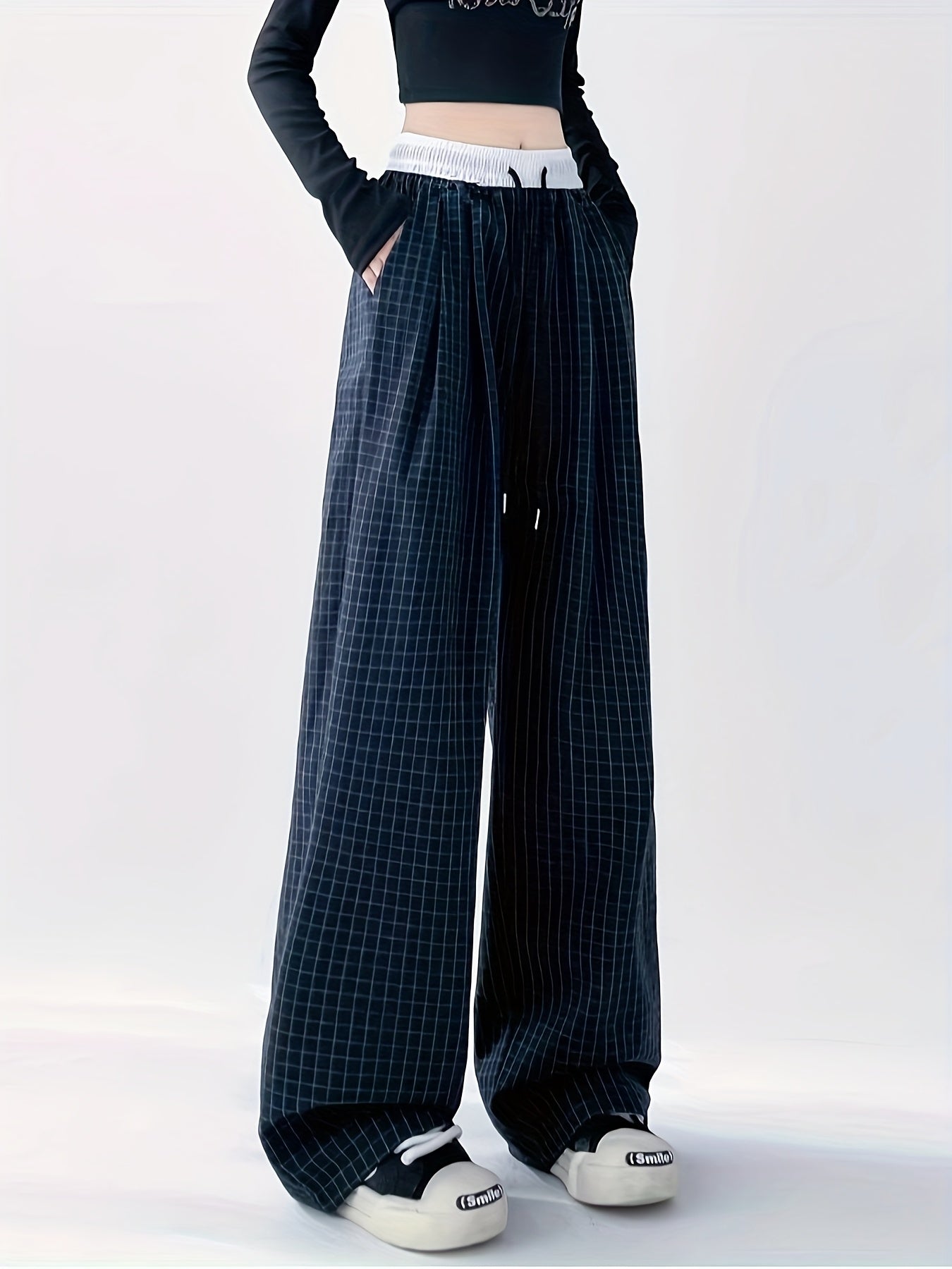 Pantalon large à carreaux pour femme, style décontracté urbain, idéal pour les tenues de week-end