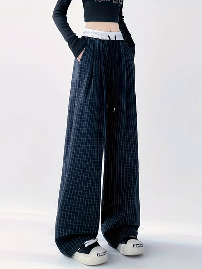 Pantalon large à carreaux pour femme, style décontracté urbain, idéal pour les tenues de week-end