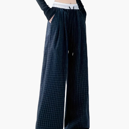 Pantalon large à carreaux pour femme, style décontracté urbain, idéal pour les tenues de week-end