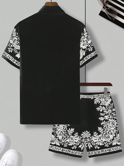 Ensemble d'été décontracté homme avec chemise à manches courtes et short, motif floral, vacances & plage