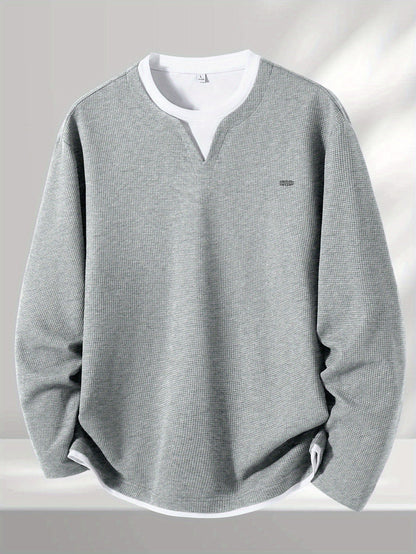 Suéter de punto de gofre para hombre, con escote en V, mangas largas y color liso