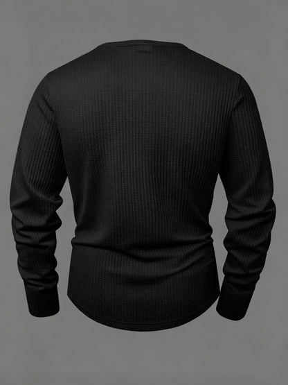 Camiseta de manga larga para hombre, de punto acanalado, con cuello Henley, informal