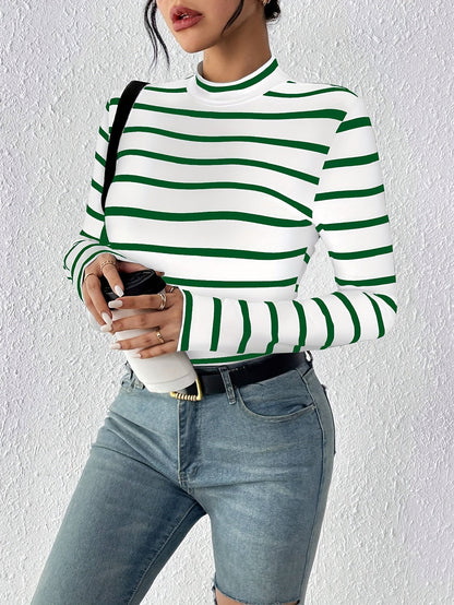 Damen Langarmshirt gestreift Rollkragen weiß-schwarz schmal geschnitten
