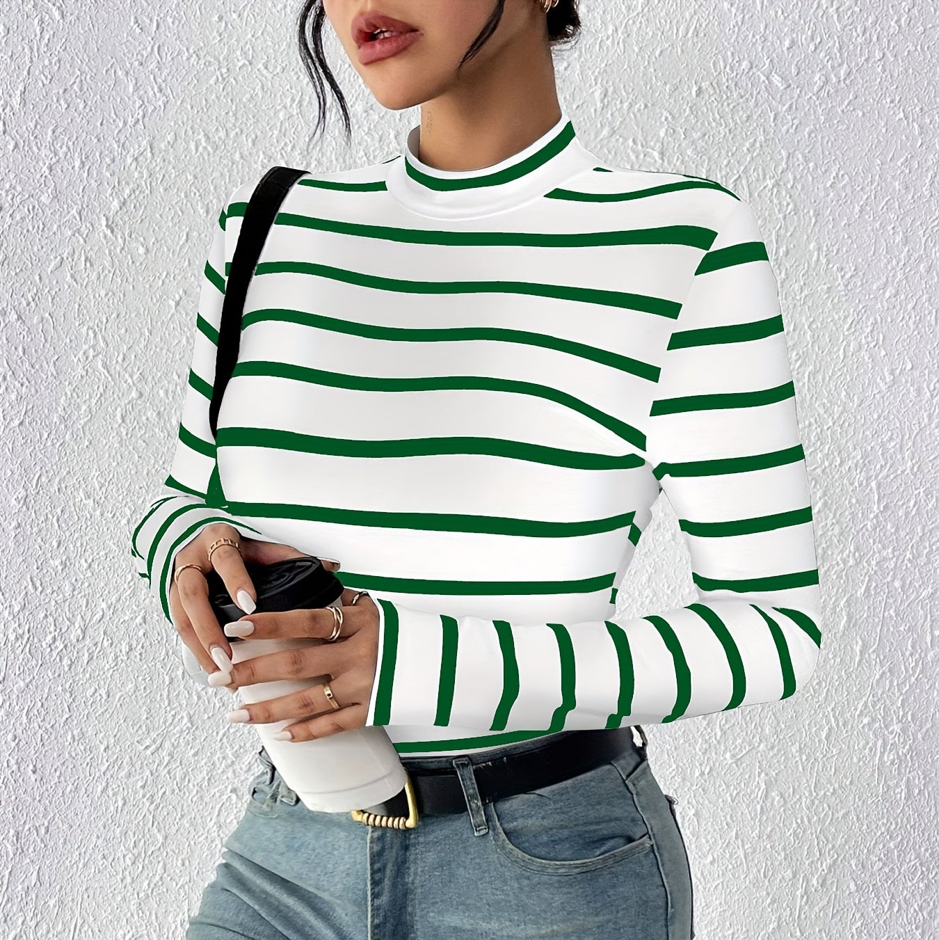 Damen Langarmshirt gestreift Rollkragen weiß-schwarz schmal geschnitten
