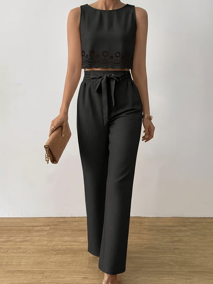 Damski elegancki zestaw dwuczęściowy z crop topem i szerokimi spodniami na wiosnę i lato
