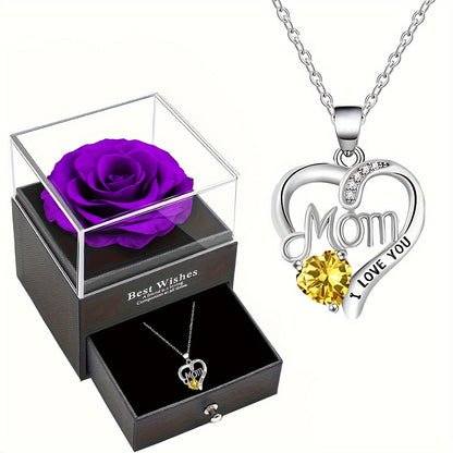 Damen Schmuckset Herz Halskette mit Anhänger 'Mom I Love You' und Geschenkbox mit Ewiger Rose – Elegantes Muttertagsgeschenk