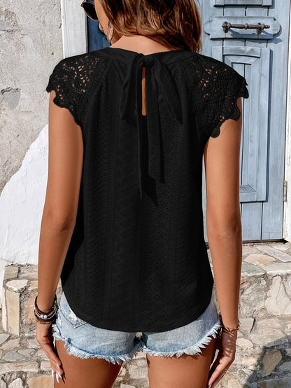 Damen Spitzenbluse mit Rückenschleife und Häkelärmeln – Sommer Casual Oberteil