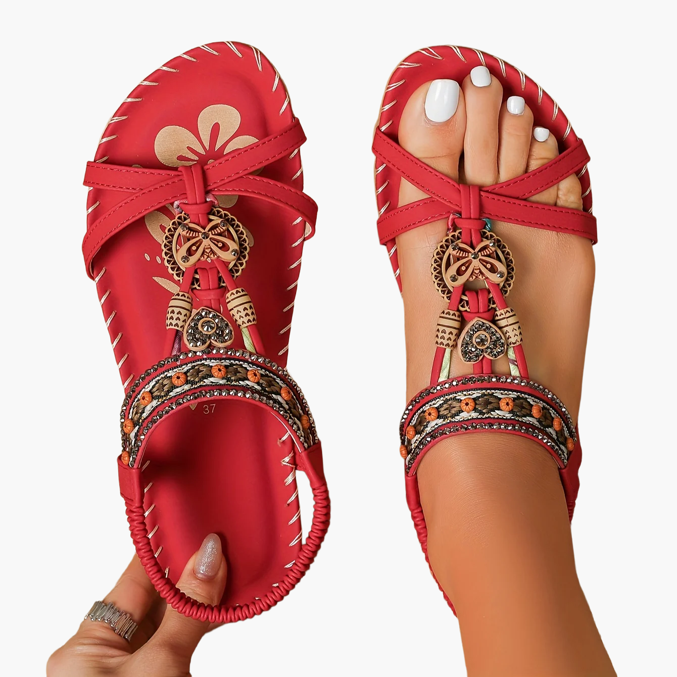 Sandalias bohemias para mujer con decoración étnica de perlas y plantilla cómoda – Tendencia de verano y ocio