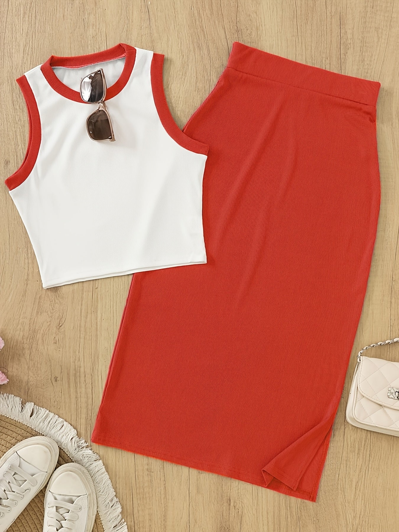 Damski elegancki zestaw 2-częściowy – bezrękawnik crop top i spódnica, stylowy na wiosnę i lato
