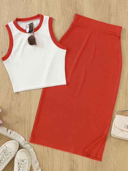 Damski elegancki zestaw 2-częściowy – bezrękawnik crop top i spódnica, stylowy na wiosnę i lato