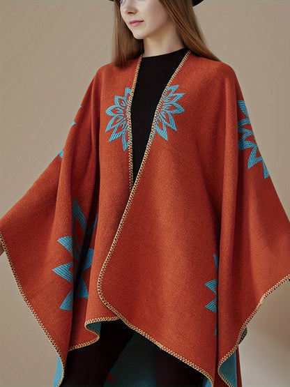 Poncho-omslag met bloemenpatroon, open voorkant, omkeerbaar, zwart-wit