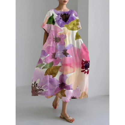 Damen Maxikleid Retro A-Linie mit großen Blumen – Sommerkleid im künstlerischen Vintage-Stil, Elegantes Freizeitkleid