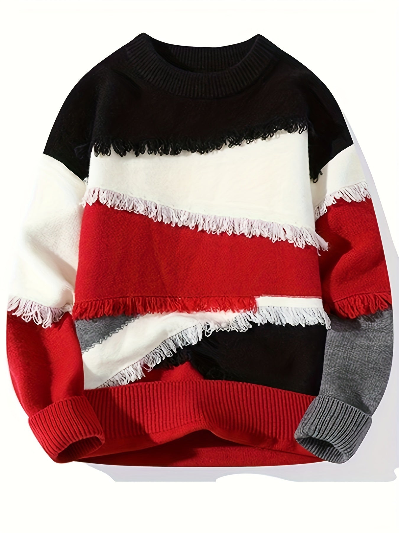 Unisex Patchwork Pullover mit Fransen Rundhals Langarm Strickpullover Mehrfarbig