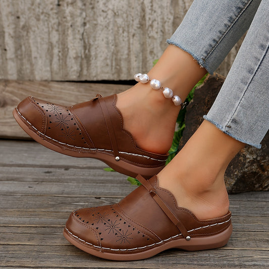 Damen vintage slip-on träskor med hålmönster och komfortplatå-sula – vardag och fritid
