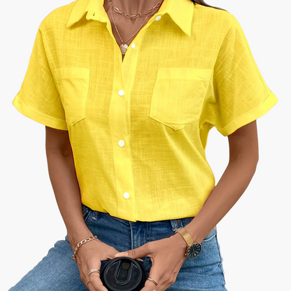 Damen Kurzarm Bluse mit Vogelmotiv – Casual Sommer Hemd mit Brusttasche