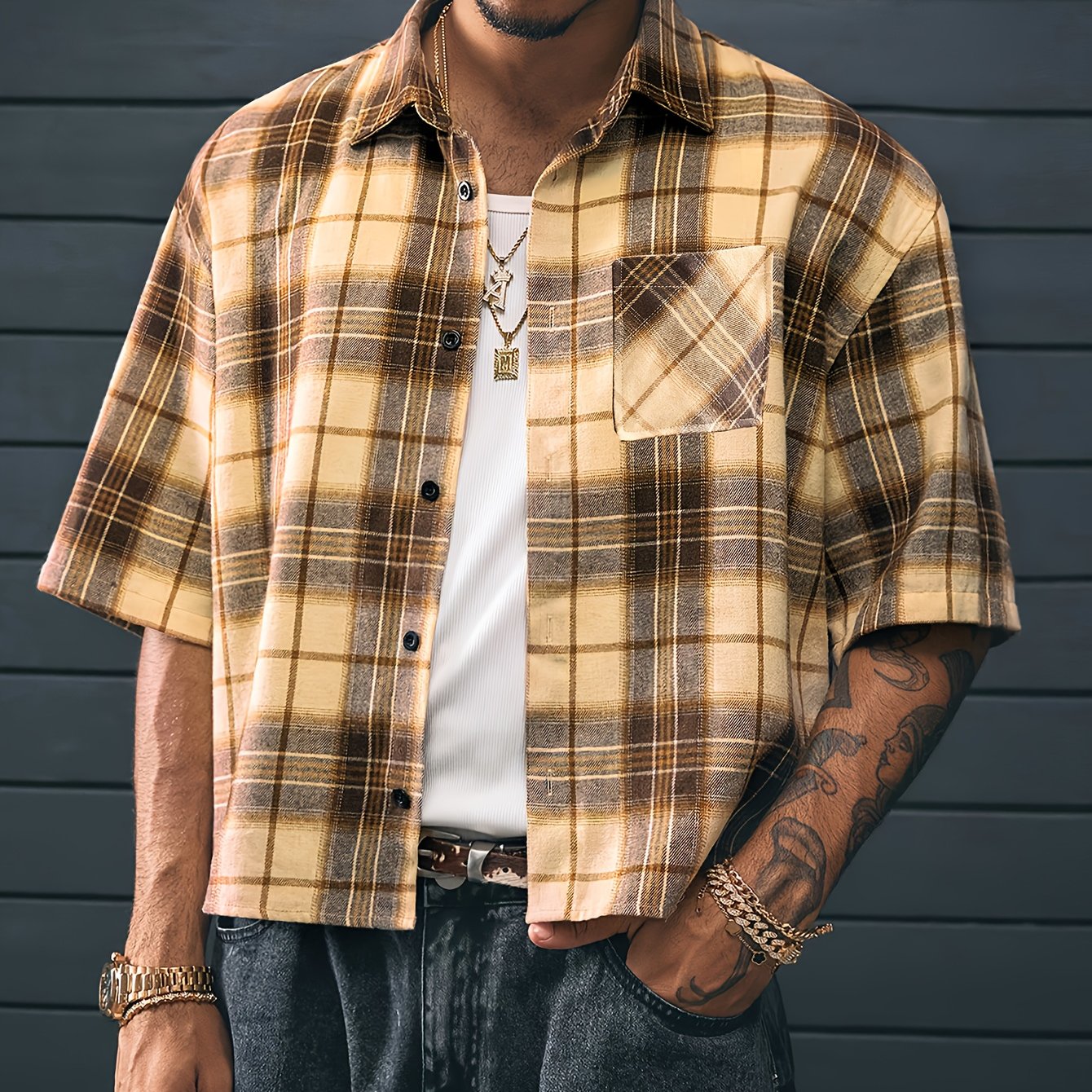 Camisa de cuadros oversize de manga corta para hombre con estilo streetwear – moda casual para el día a día y salidas