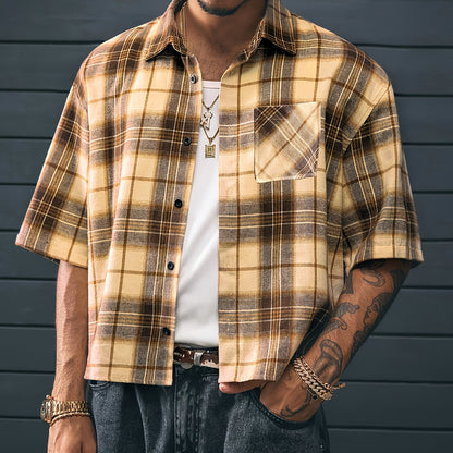 Camisa de cuadros oversize de manga corta para hombre con estilo streetwear – moda casual para el día a día y salidas