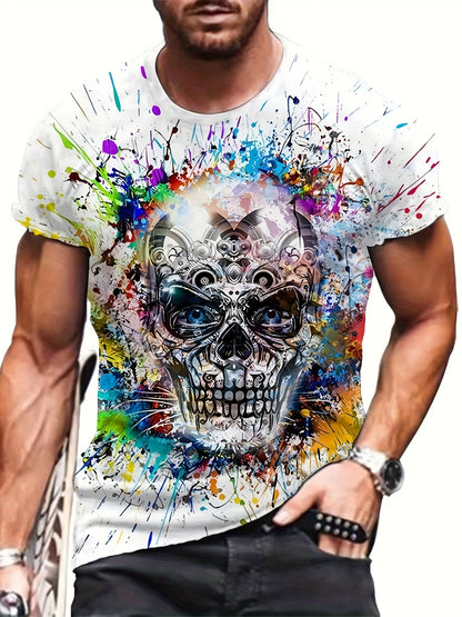 T-shirt homme avec imprimé tête de mort et éclaboussures de peinture – style streetwear urbain, manches courtes, grandes tailles