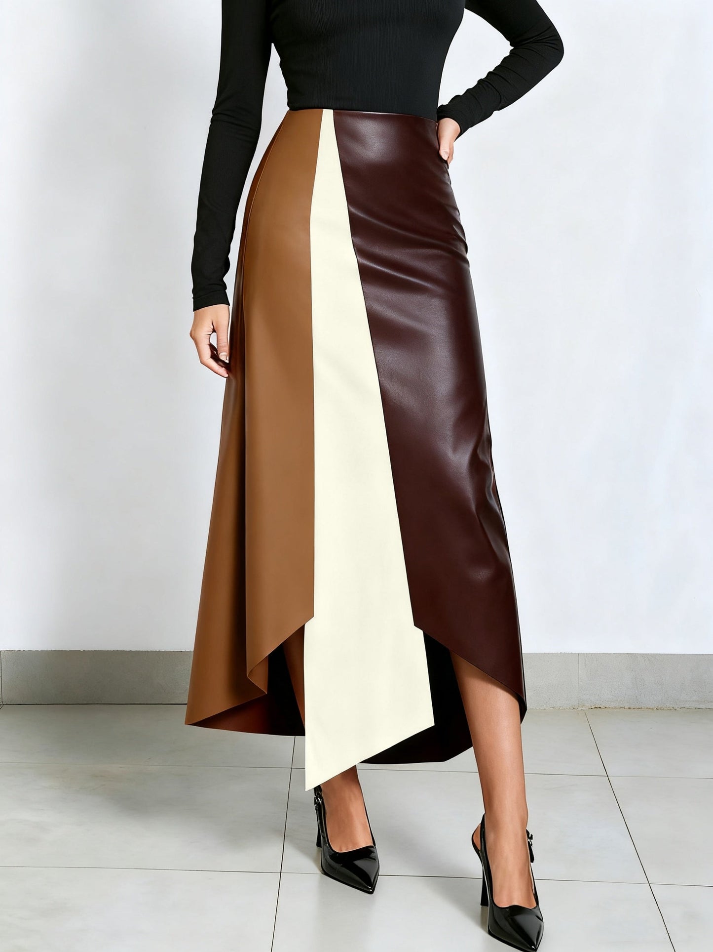 Gonna da donna color block con orlo asimmetrico in materiale similpelle