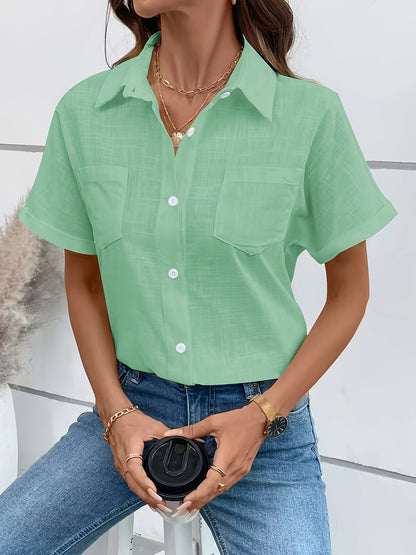 Damen Kurzarm Bluse mit Vogelmotiv – Casual Sommer Hemd mit Brusttasche