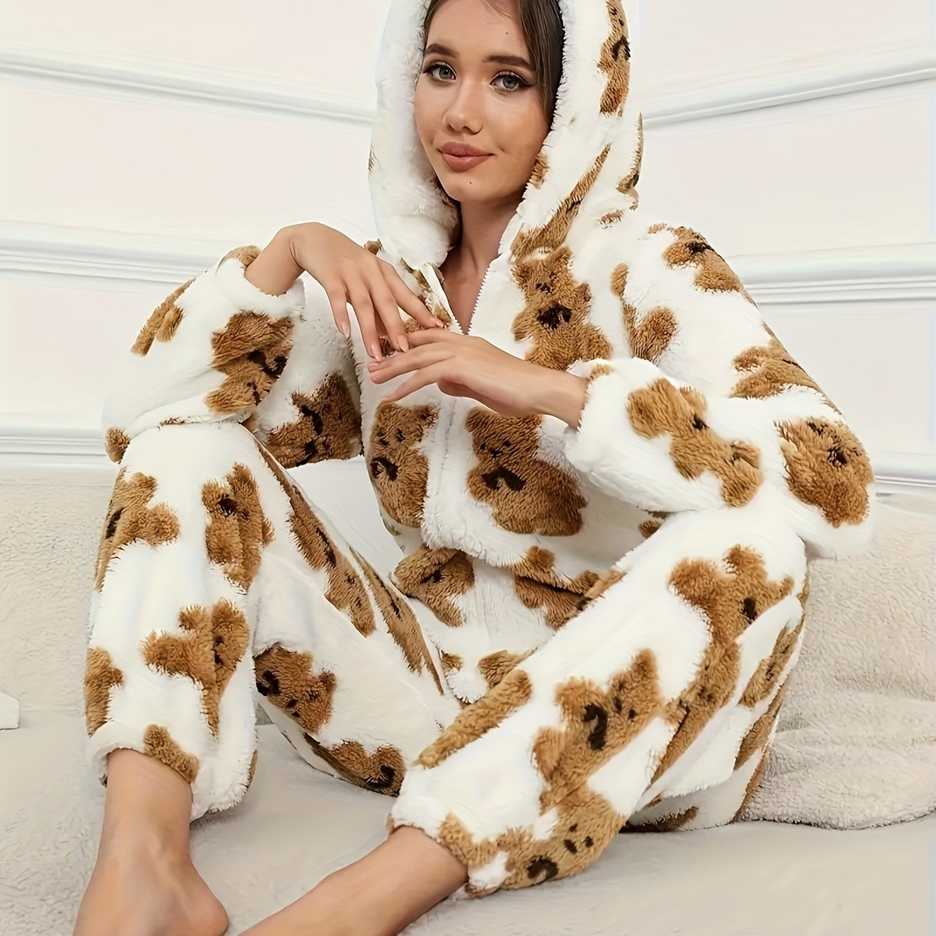 Damen Flauschiger Onesie mit Kapuze & Teddybär-Muster Rosa