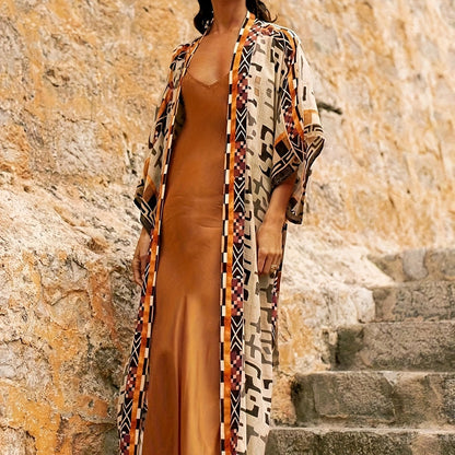 Damen Boho Kimono Lang mit Ethno-Muster – Eleganter Langer Mantel für Strand und Alltag