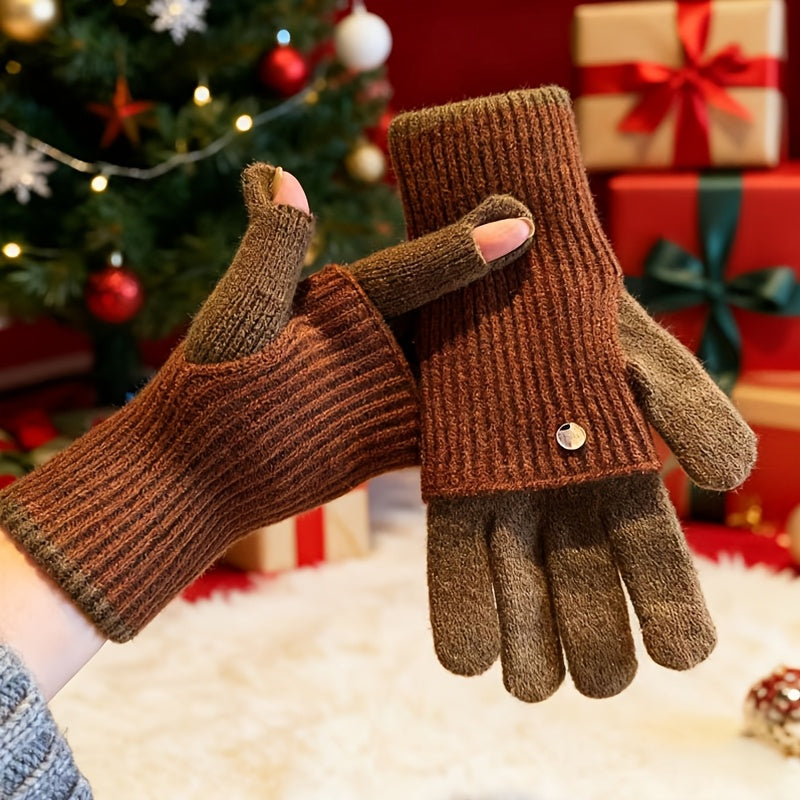 Strickhandschuhe mit abnehmbaren Fäustling-Aufsatz Beige Grau Zweifarbig