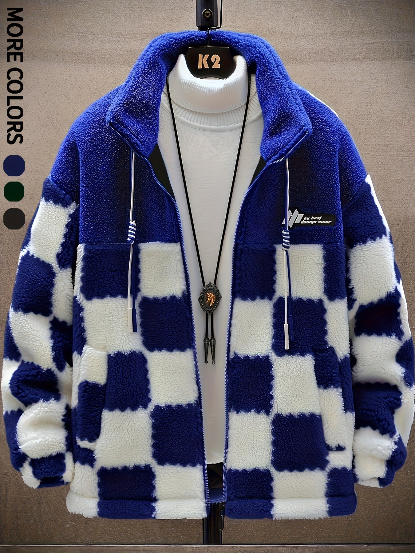 Chaqueta unisex de forro polar de peluche con cremallera y estampado de tablero de ajedrez azul y blanco