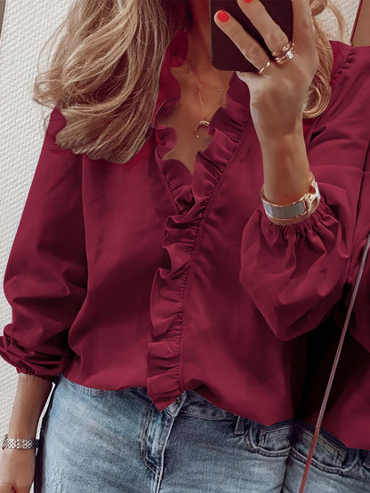 Blusa de mujer elegante con cuello volante y mangas largas – Camiseta de moda para el día a día y la oficina