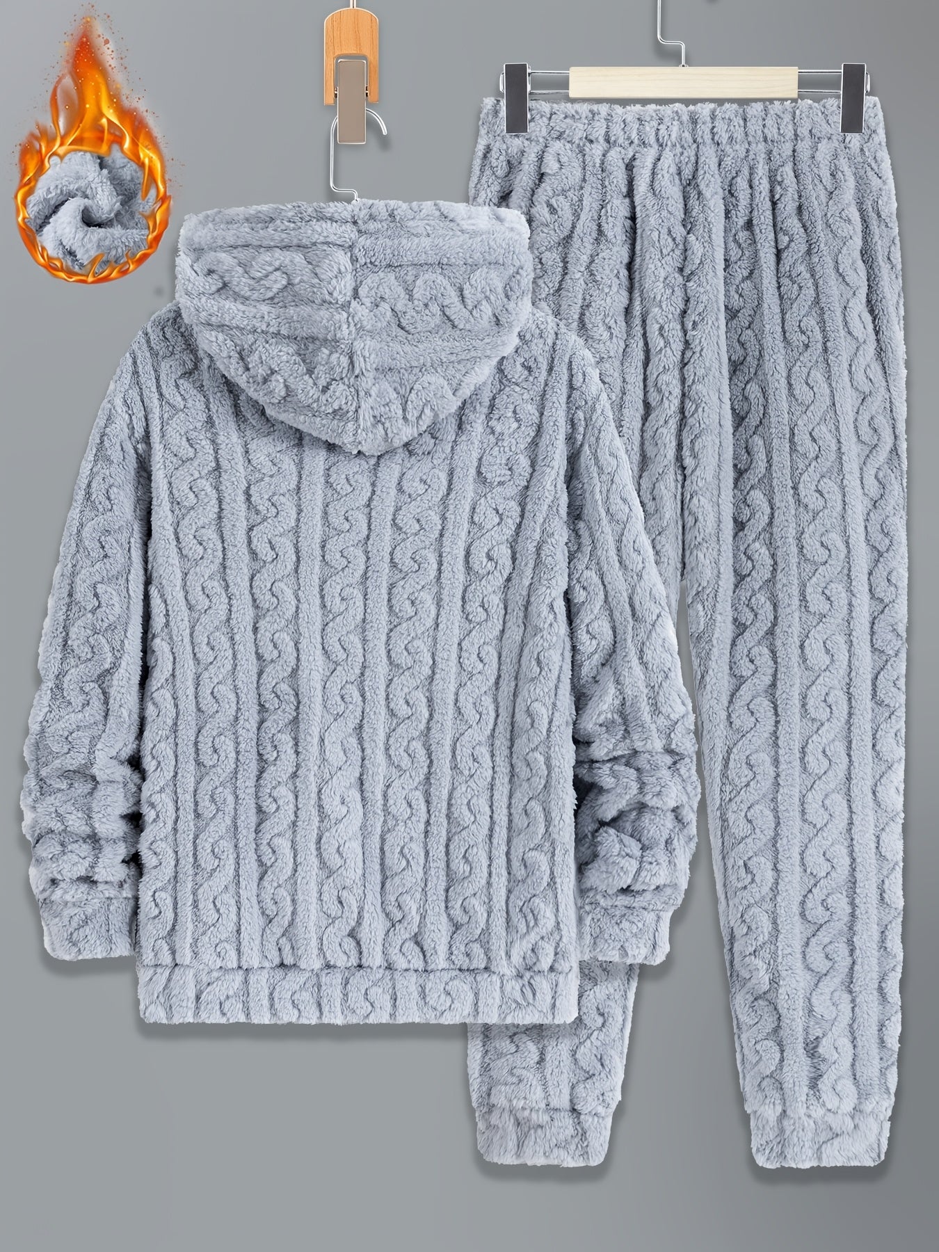Herren Plüsch Loungewear Set mit Kapuzenpullover und Hose, Zopfmuster, Schwarz
