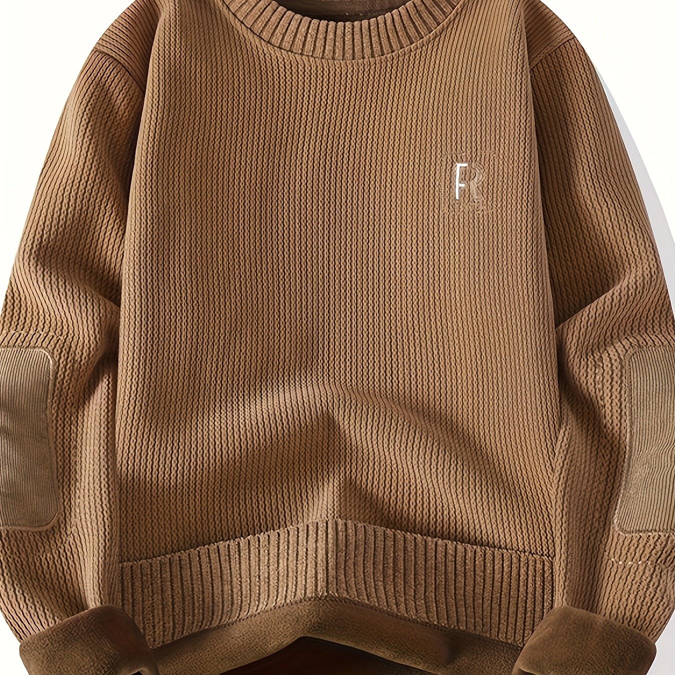 Suéter unisex de cuello redondo con textura acanalada y parches en los codos