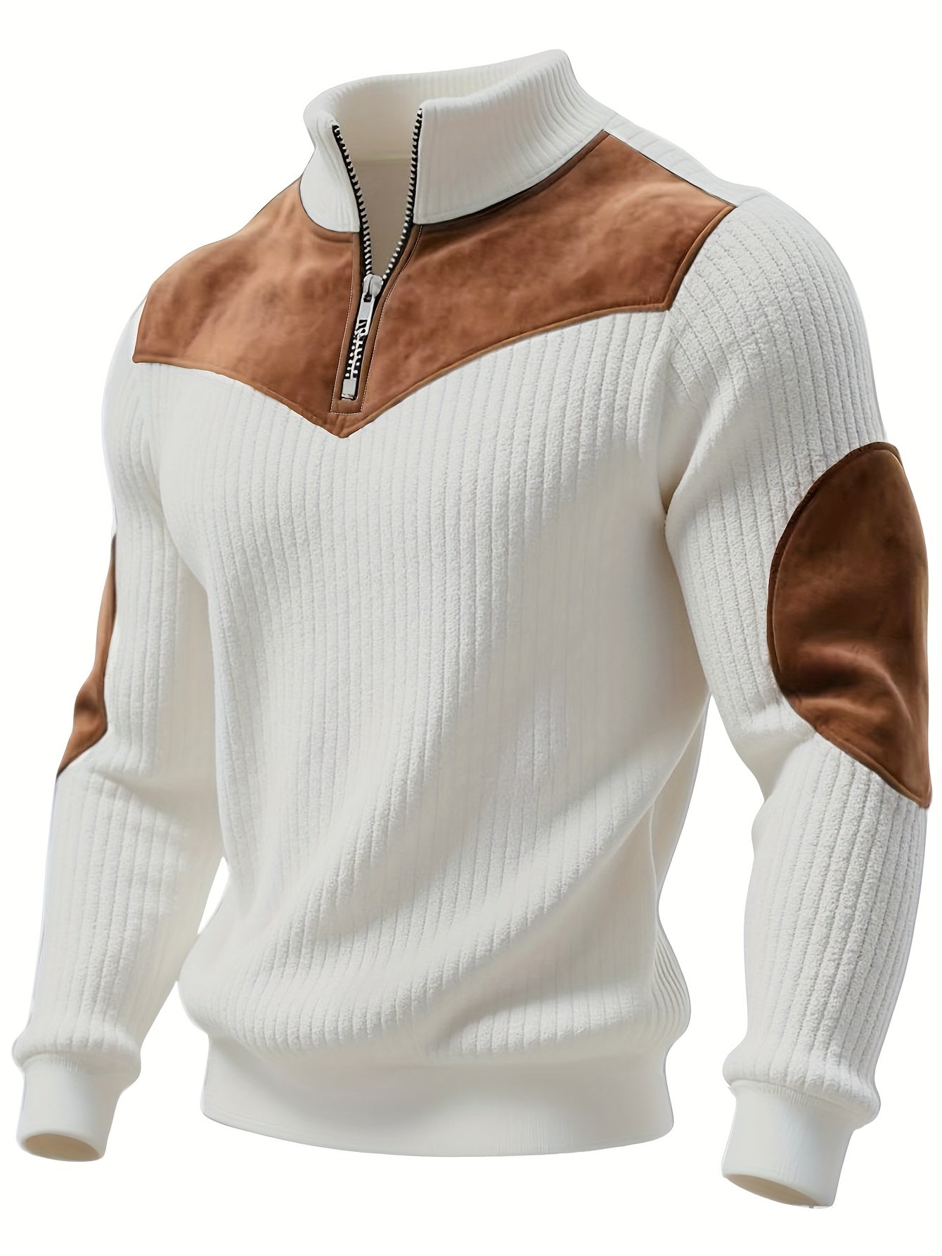 Herren Rippstrick Pullover mit Reißverschluss Stehkragen und Patches