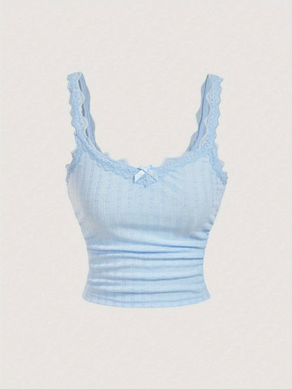 Damen Coquette-stil Camisole-topp med spets och rosett – feminint vintageinspirerat plagg