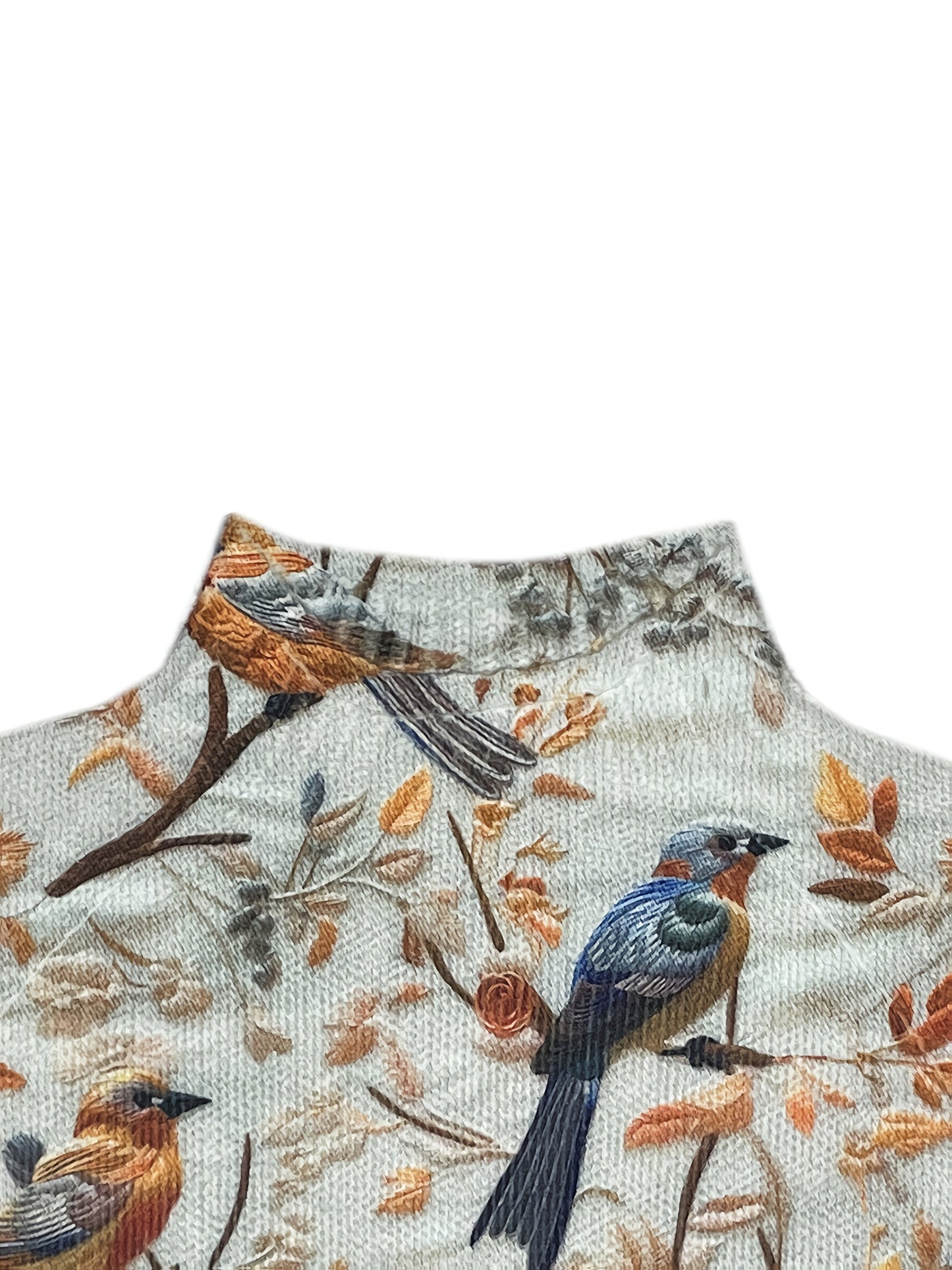 Damegenser med fugleprint og høy krage – Elegant høst/vinter-look