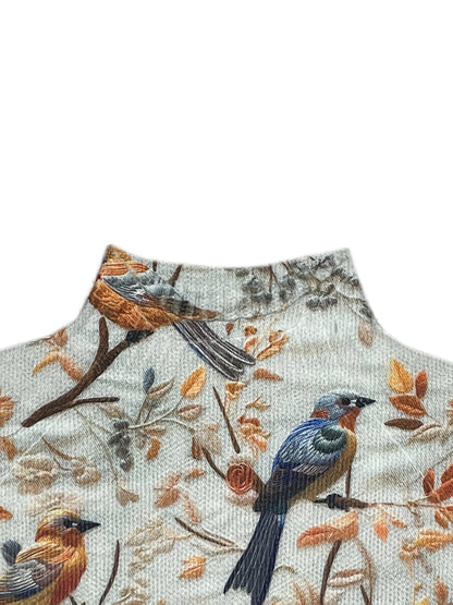 Damegenser med fugleprint og høy krage – Elegant høst/vinter-look