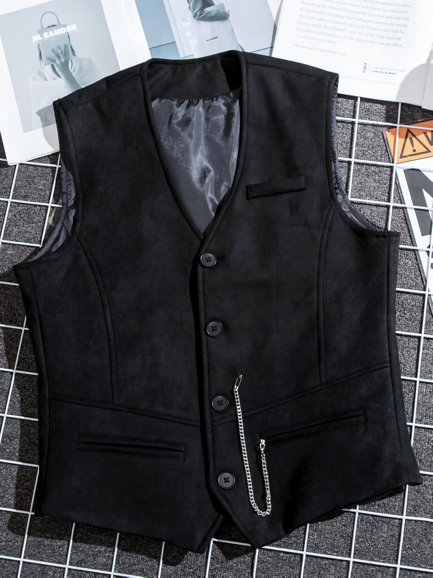 Herren Weste mit V-Ausschnitt, Knöpfen und Kette, Unifarben, Slim Fit